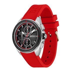 Boss Volane 44mm Steel Black & Red Dial Quartz Rubber Strap Chronograph Watch 