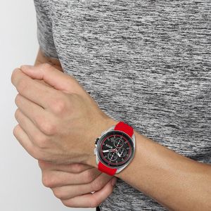 Boss Volane 44mm Steel Black & Red Dial Quartz Rubber Strap Chronograph Watch 