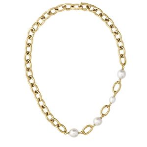 Boss Leah Steel Gold Plated Freshwater Pearl Link Necklace & Bracelet Gift Set 