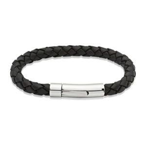 Preview image of Unique Black Leather Bracelet with Steel Push Clasp