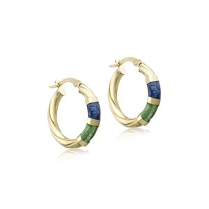 Preview image of 9CT GOLD 21.5MM BLUE & GREEN ENAMEL TWISTED CREOLE EARRINGS