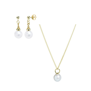 Preview image of 9ct Yellow Gold 6-6.5mm White Cultured Round Pearl Pendant & 7.5-8mm Pearl Drop Stud Earrings Set 