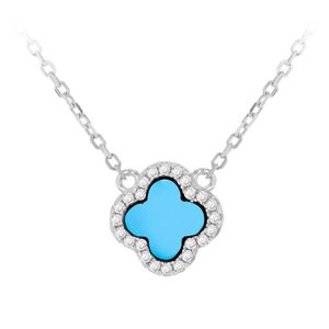Preview image of Rhodium Plated Sterling Silver Turquoise Clover & White CZ Necklace 