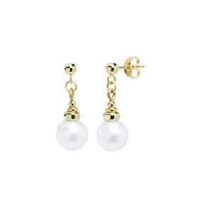 Preview image of 9ct Yellow Gold 7.5-8mm Drop chain White Round Cultured Pearl Stud Earrings