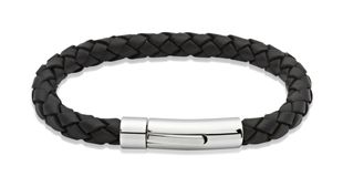 Preview image of Unique Black Leather Bracelet with Steel Push Clasp