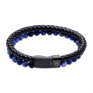 Preview image of Unique Black Leather and Blue Bead Bracelet with Steel Push Clasp