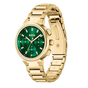 Boss One 38mm Green Dial Gold Plated Quartz Bracelet Chronograph Watch