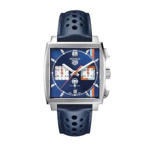 Preview image of TAG Heuer Monaco x Gulf 39mm Blue Calibre Heuer 02 Leather Strap Chronograph Watch