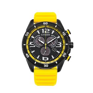 Preview image of Citizen Men's Sports 45mm Black Steel Eco-Drive Yellow Rubber Chronograph Watch 