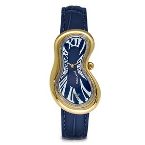 Preview image of Exaequo Classic PVD Gold Steel Blue Quartz Crocodile Leather Strap Watch 