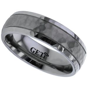 Preview image of Titanium 7mm Dome Profile Off Centre Groove Hammered Gents Wedding Ring