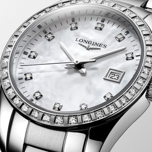 Longines Conquest Classic 29.50mm Steel Mother of Pearl Diamond Bezel Quartz Bracelet Watch