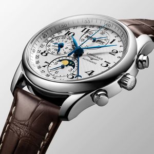 Longines Master Collection Moon Phase 40mm Steel White Automatic Brown Strap Chronograph Watch