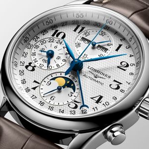 Longines Master Collection Moon Phase 40mm Steel White Automatic Brown Strap Chronograph Watch