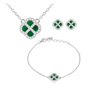 Preview image of Sterling Silver Malachite Clover CZ Set Necklace, Bracelet & Earrings Gift Set