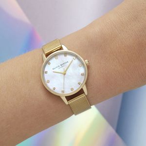 Olivia Burton Mother of Pearl Gold Tone Mesh Bracelet Watch