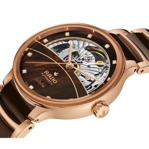 Preview image of Rado Centrix 35mm Brown Ceramic & Rose Gold Diamond Open Heart Automatic Bracelet Watch