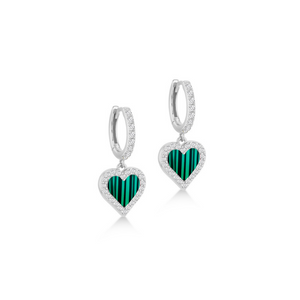 Preview image of Sterling Silver Malachite Heart Drop Hoop Earrings 