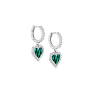 Sterling Silver Malachite Heart Drop Hoop Earrings 