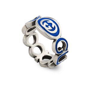 Preview image of Gucci Interlocking Blue Enamelled Sterling Silver Ring 
