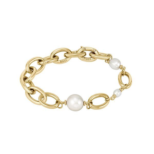 Boss Leah Steel Gold Plated Freshwater Pearl Link Necklace & Bracelet Gift Set 