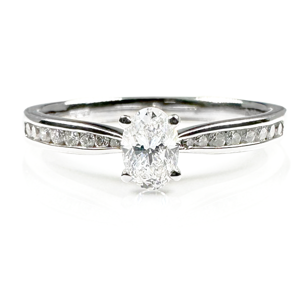 18ct White Gold 0.30ct Oval Cut Diamond 4 Claw Solitaire With Diamond Set Shoulders 
