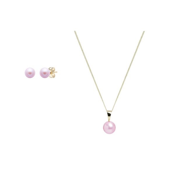 9ct Yellow Gold Pink Cultured Pearl Stud Earrings & Pendant Set