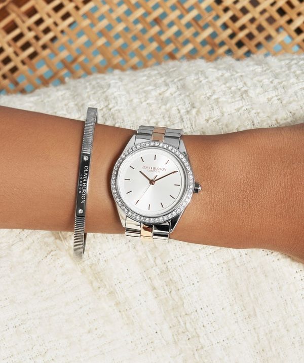Olivia Burton Sports Luxe 34mm Crystal Silver Quartz Two Tone Bracelet Watch
