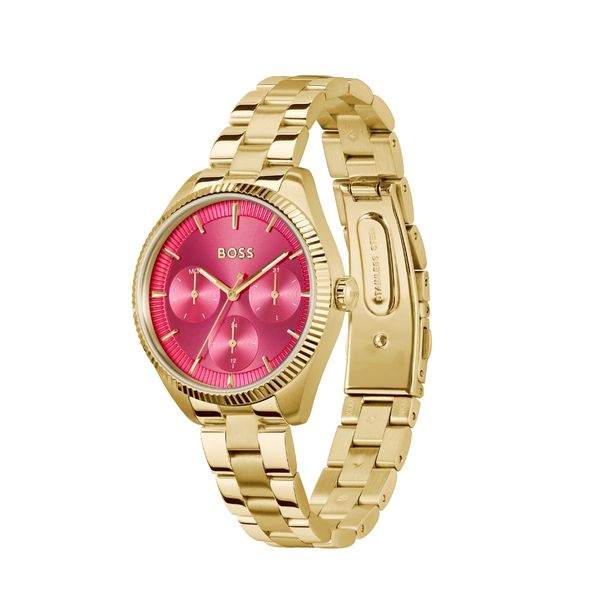 Boss Sage 34mm Gold IP Plated Steel Pink Dial Quartz Bracelet Watch