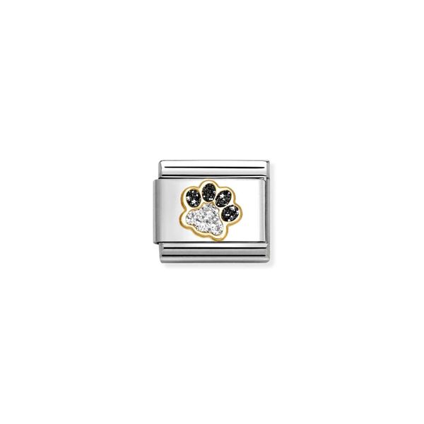 Nomination Composable Classic Link Black & Silver Glitter Paw Print In Bonded Yellow Gold