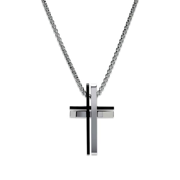 Unique Black and Steel Double Cross Necklace