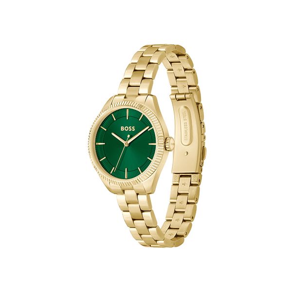 Boss Sage 32mm Gold IP Plated Steel Green Dial Quartz Bracelet Watch