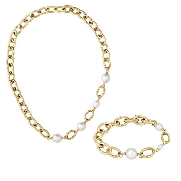Boss Leah Steel Gold Plated Freshwater Pearl Link Necklace & Bracelet Gift Set 