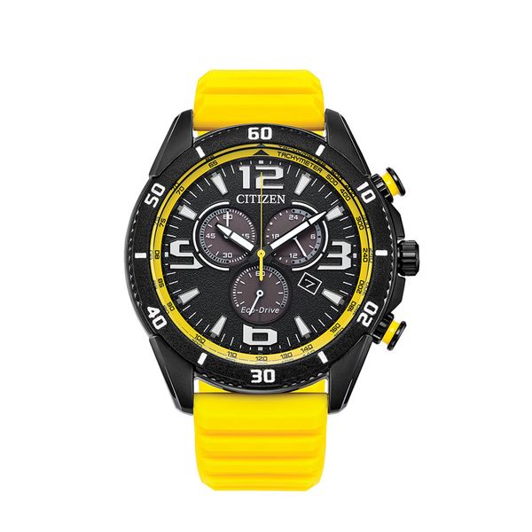 Citizen Men's Sports 45mm Black Steel Eco-Drive Yellow Rubber Chronograph Watch 