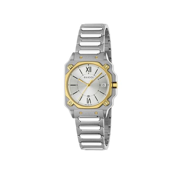 Gucci G-Flat 30mm Two-Tone Silver Quartz Steel Bracelet Watch 