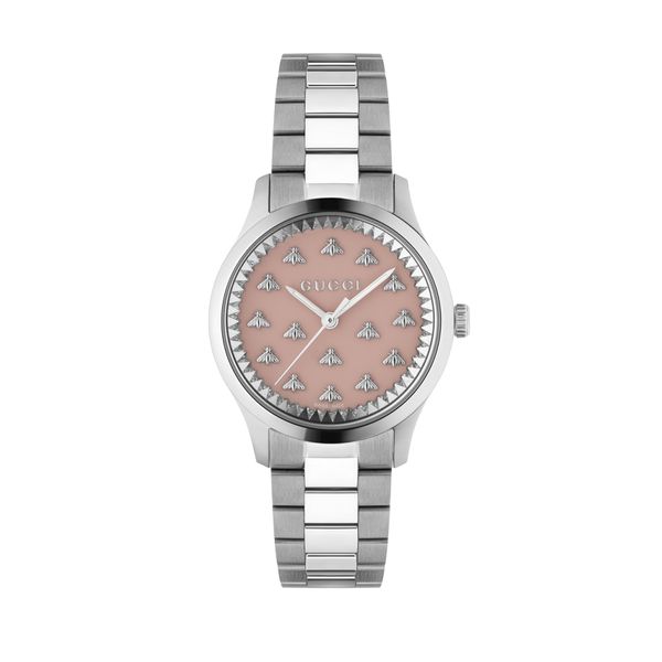 Gucci G-Timeless 32mm Steel Pink Bee Quartz Bracelet Watch