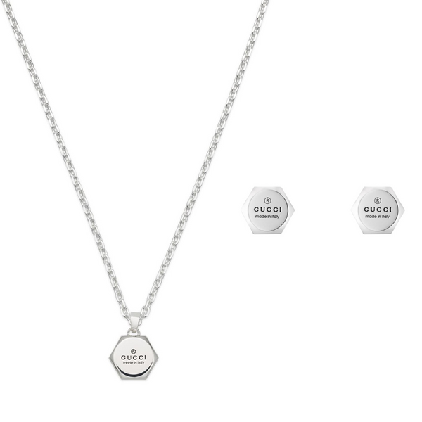 Gucci Trademark Hexagon Silver Necklace & Earrings Gift Set