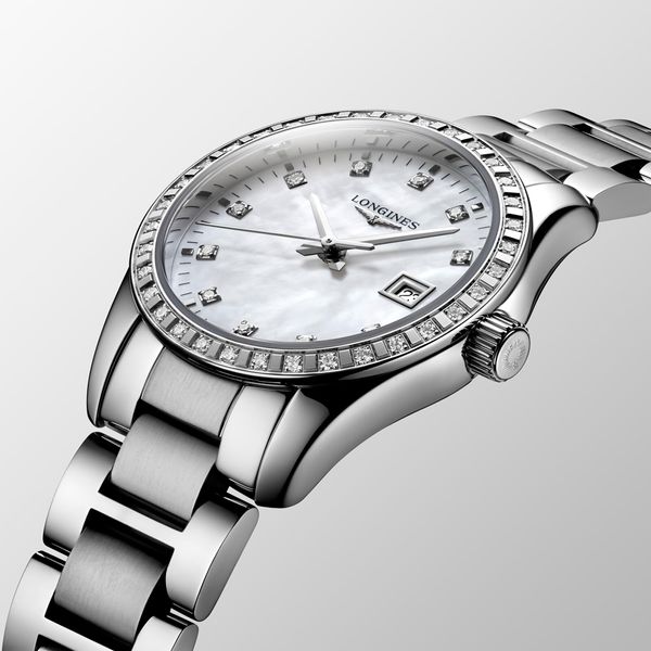 Longines Conquest Classic 29.50mm Steel Mother of Pearl Diamond Bezel Quartz Bracelet Watch