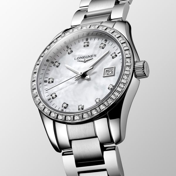 Longines Conquest Classic 29.50mm Steel Mother of Pearl Diamond Bezel Quartz Bracelet Watch