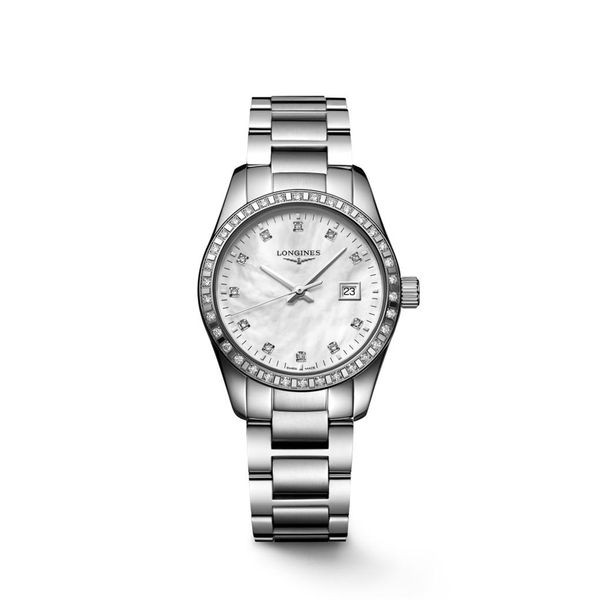 Longines Conquest Classic 29.50mm Steel Mother of Pearl Diamond Bezel Quartz Bracelet Watch
