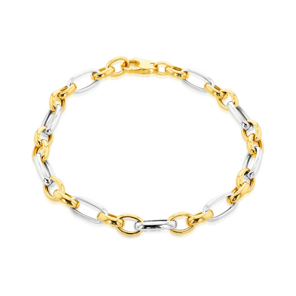 9ct Gold Two Tone Oval Figaro Bracelet 