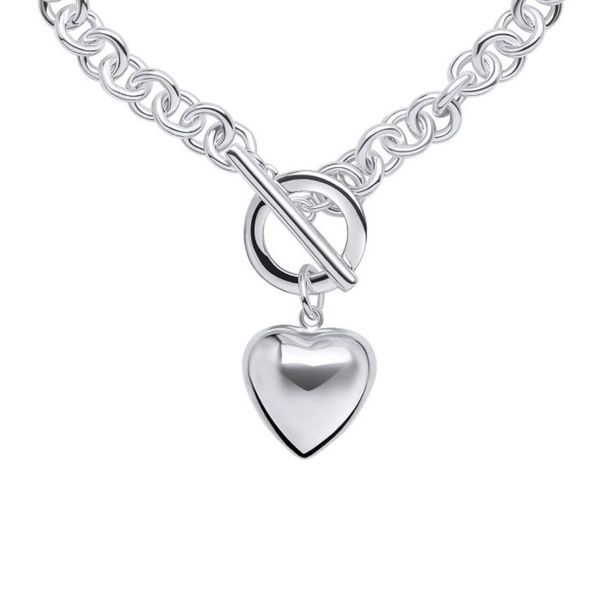 Sterling Silver Puffed Heart T-Bar Chain Bracelet 