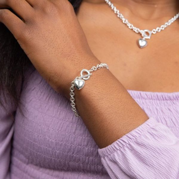 Sterling Silver Puffed Heart T-Bar Chain Bracelet 