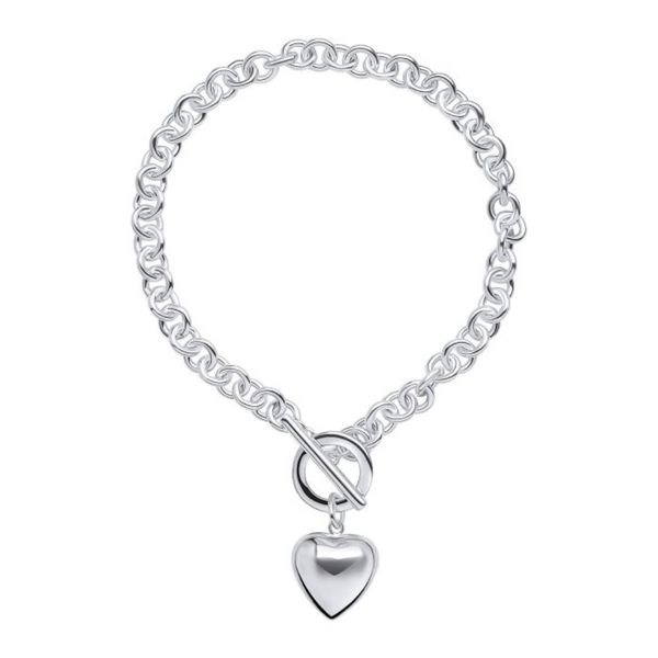 Sterling Silver Puffed Heart T-Bar Chain Bracelet 