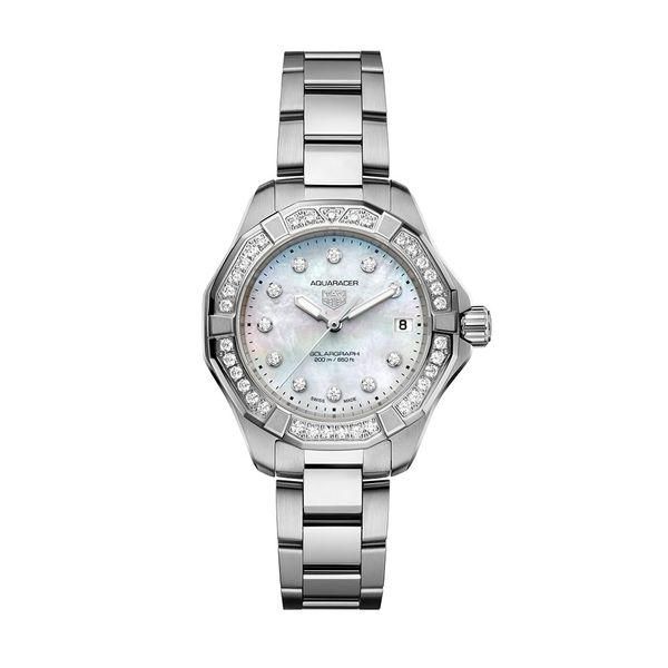 TAG Heuer Aquaracer Professional 200 34mm Solargraph Mother of Pearl Diamond Bezel Bracelet Watch 