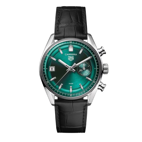 TAG Heuer Carrera Black Glass Box Leather Strap Watch Peter Jackson
