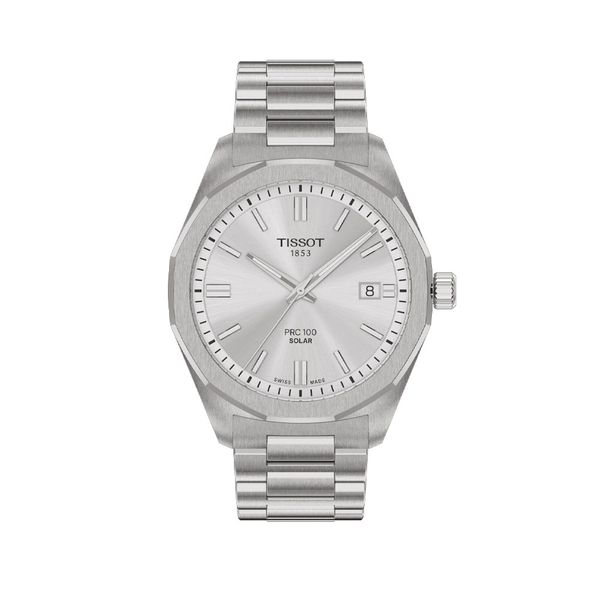 Tissot PRC 100 39mm Silver Steel Solar Quartz Bracelet Watch 